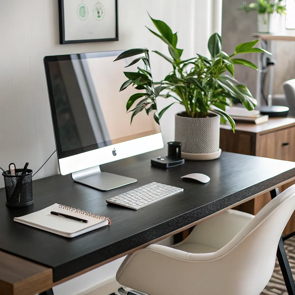 Modern office desk with a computer and a plant.