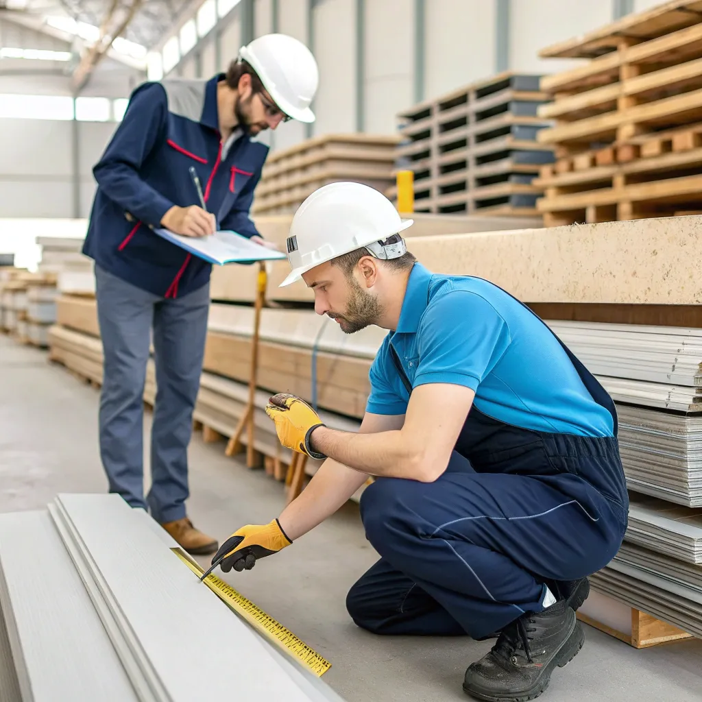 Quality inspection team assessing building materials